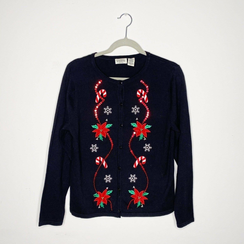 Classic Elements Vtg Christmas Sweater Cardigan Black Embellished Sz MP